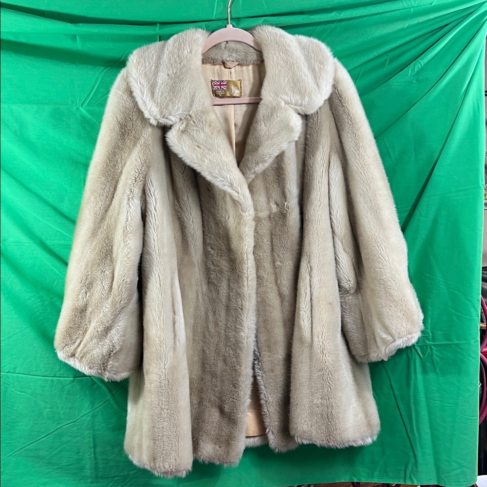 Vintage Tissavel France Coat Fur Faux Winter Cream Lined Acrylic Made in England